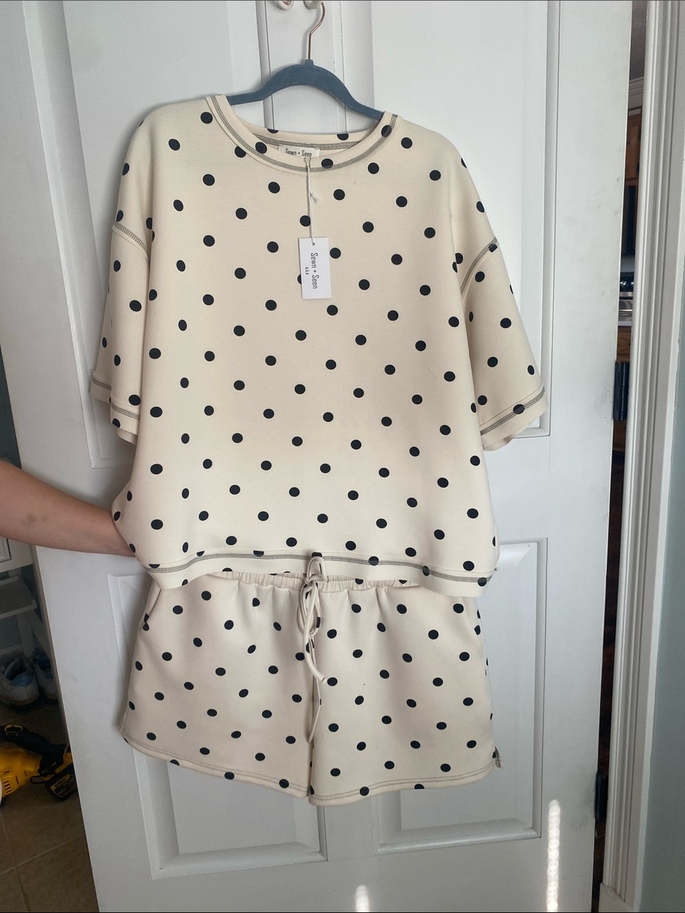 Cream Polka Dot Short Pajama Set with Drawstring by